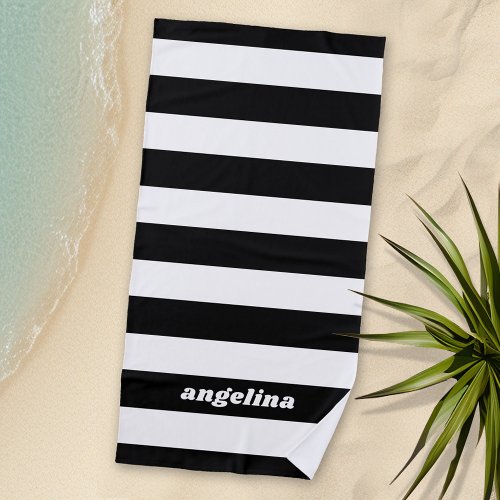 Black and White Striped Pattern Modern Name Beach Towel