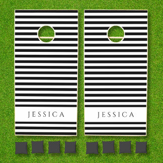 Black And White Striped Pattern Name Cornhole Set