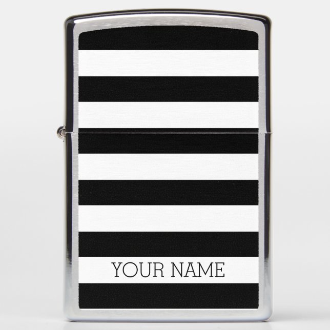 Black and White Striped Pattern Name Zippo Lighter (Front)