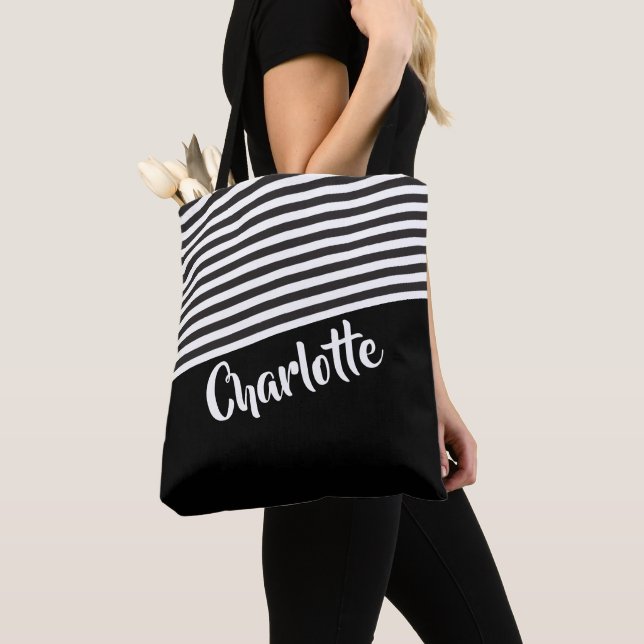 Black and White Striped Pattern Personalized Tote Bag (Close Up)