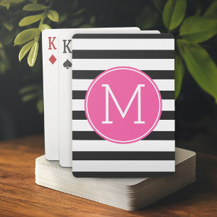 Black and White Striped Pattern Pink Monogram Poker Cards
