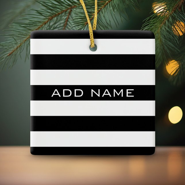 Black and White Striped Pattern with Name Ceramic Ornament (Personalized ornament)