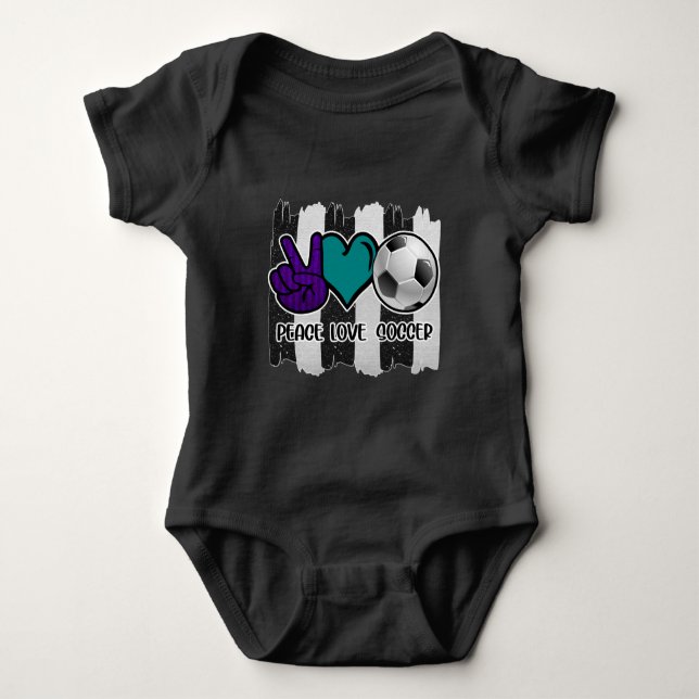 Black and White Striped Peace Love Soccer Baby Bodysuit (Front)