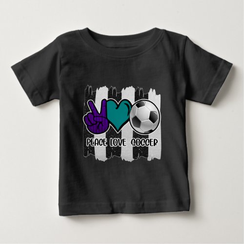 Black and White Striped Peace Love Soccer Baby T_Shirt