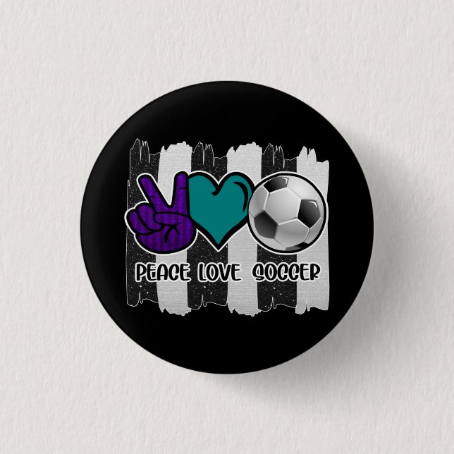 Black and White Striped Peace Love Soccer Button (Front)