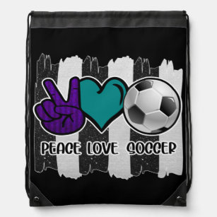 Black and White Striped Peace Love Soccer Drawstring Bag