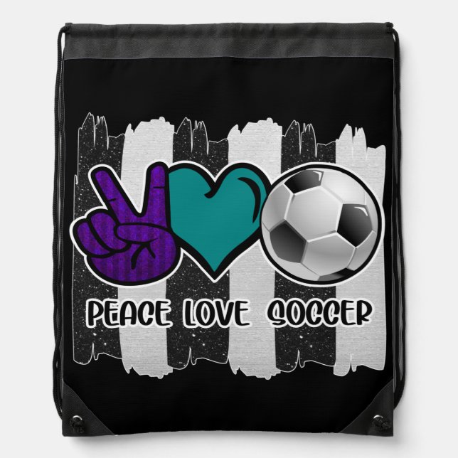 Black and White Striped Peace Love Soccer Drawstring Bag (Front)