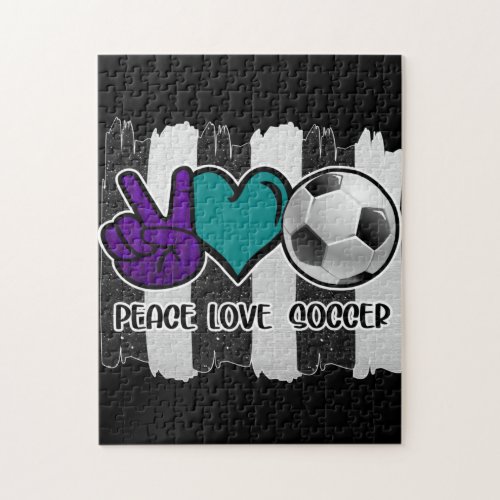 Black and White Striped Peace Love Soccer Jigsaw Puzzle
