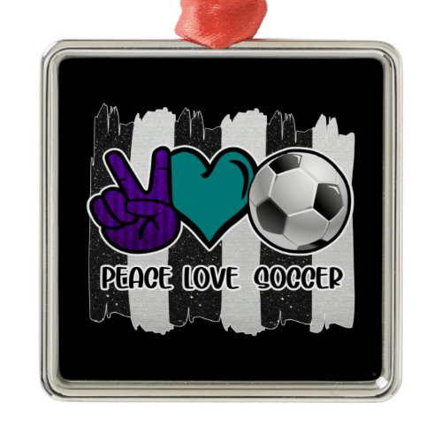 Black and White Striped Peace Love Soccer Metal Ornament