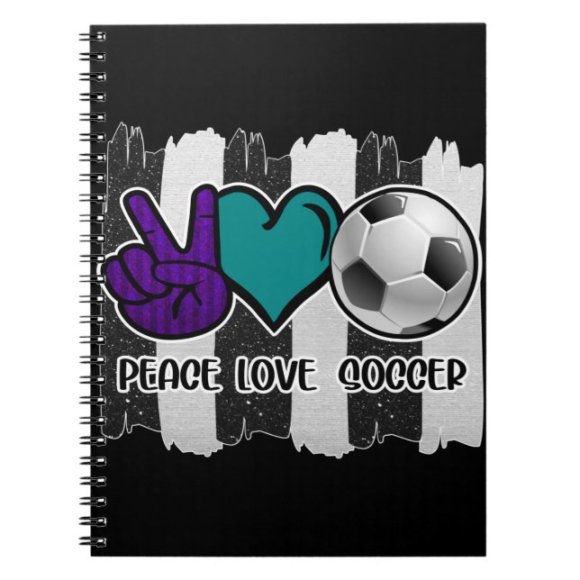 Black and White Striped Peace Love Soccer Notebook (Front)