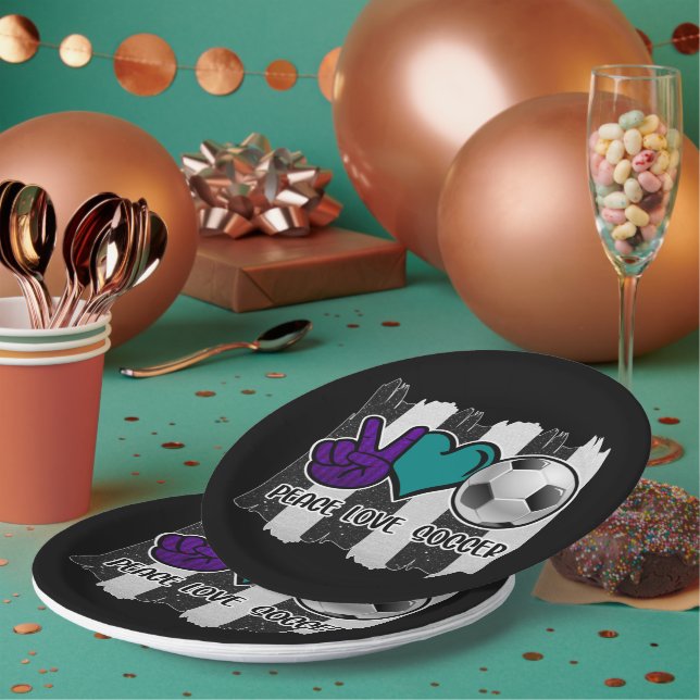 Black and White Striped Peace Love Soccer Paper Plates (Multi)