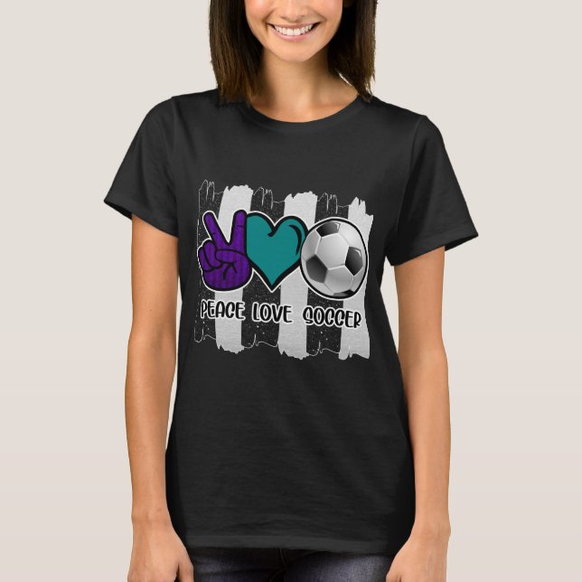 Black and White Striped Peace Love Soccer T-Shirt (Front)