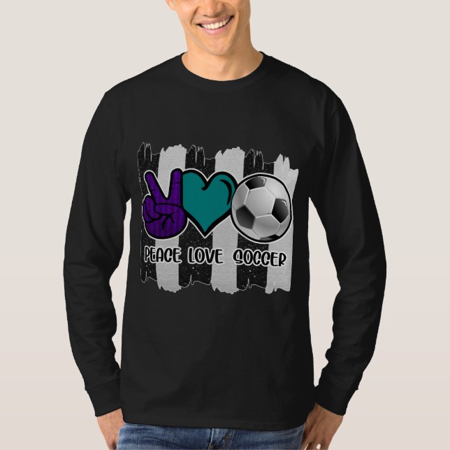 Black and White Striped Peace Love Soccer T-Shirt (Front)