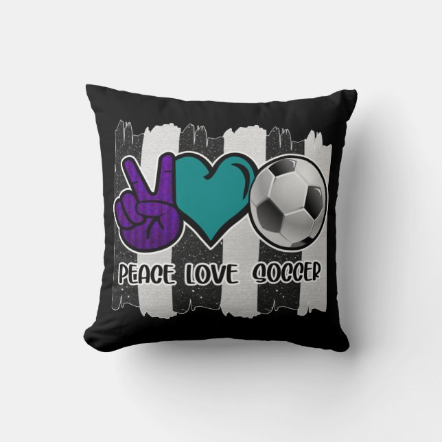 Black and White Striped Peace Love Soccer Throw Pillow (Front)