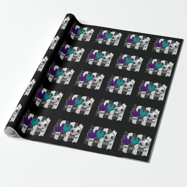 Black and White Striped Peace Love Soccer Wrapping Paper (Unrolled)