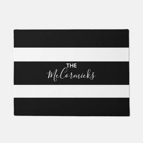 Black and White Striped Personalized Script Doormat