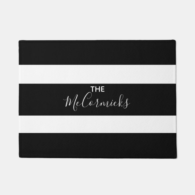 Black and White Striped Personalized Script Doormat (Front)