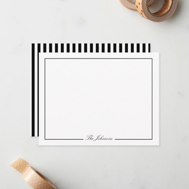 Black and White Striped Personalized Stationery Note Card (Front/Back In Situ)