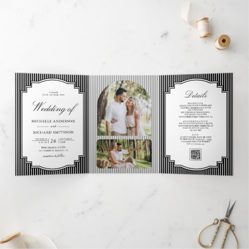 Black and White Striped Photo QR Code Wedding Tri-Fold Invitation