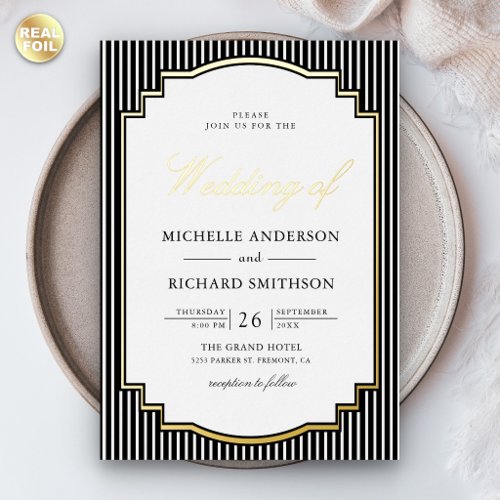 Black and White Striped Photo Wedding Gold Foil Invitation