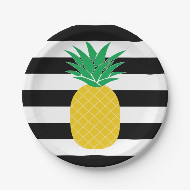Black and White Striped Pineapple Tropical Paper Plates (Front)