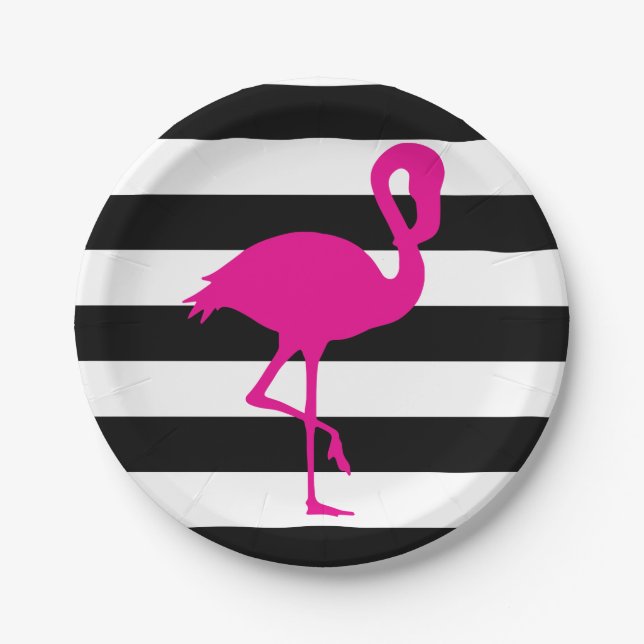 Black and White Striped Pink Flamingo Paper Plates (Front)