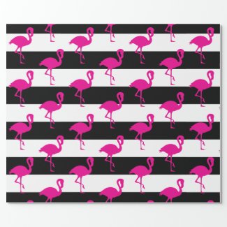 Black and White Striped Pink Flamingo Wrapping Paper