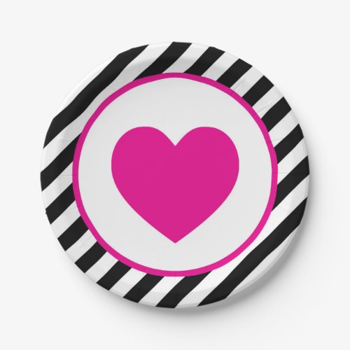 black and white striped Pink Heart Paper Plates