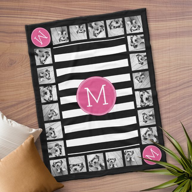 Black and White Striped Preppy Hot Pink Monogram Fleece Blanket (Personalized Fleece Blanket)