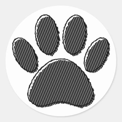 Black and White Striped Puppy Paw Print Classic Round Sticker