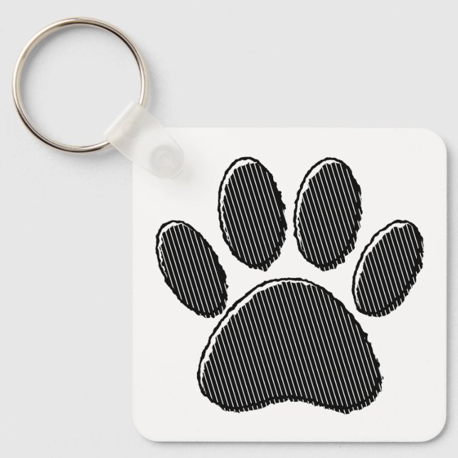 Black and White Striped Puppy Paw Print Keychain (Front)