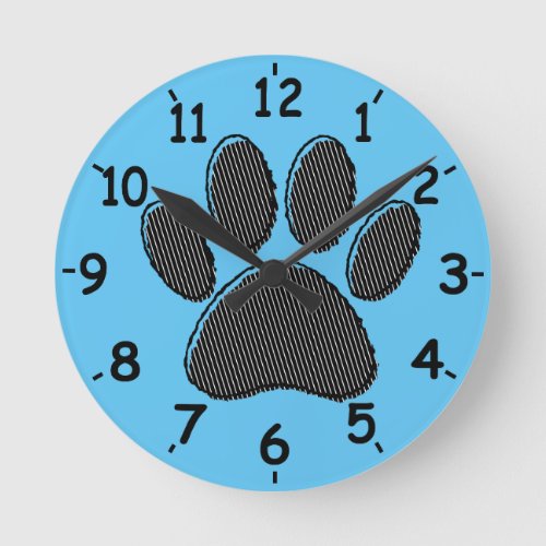 Black and White Striped Puppy Paw Print On Blue Round Clock