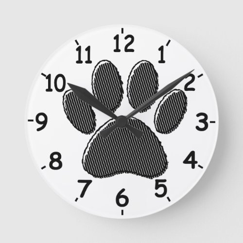 Black and White Striped Puppy Paw Print Round Clock