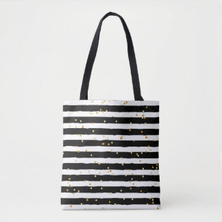 Black and White Striped Tote Bag with Gold Dots