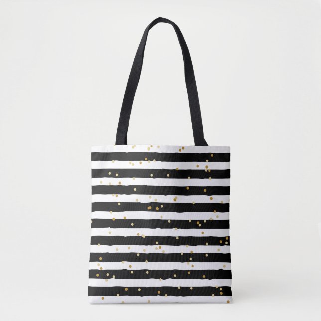 Black and White Striped Tote Bag with Gold Dots (Front)