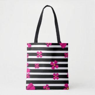 Black and white striped tote with pink flowers bag
