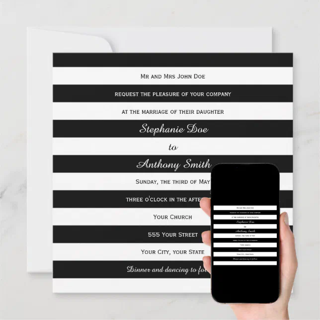 Black and White Striped Wedding Invitation Zazzle