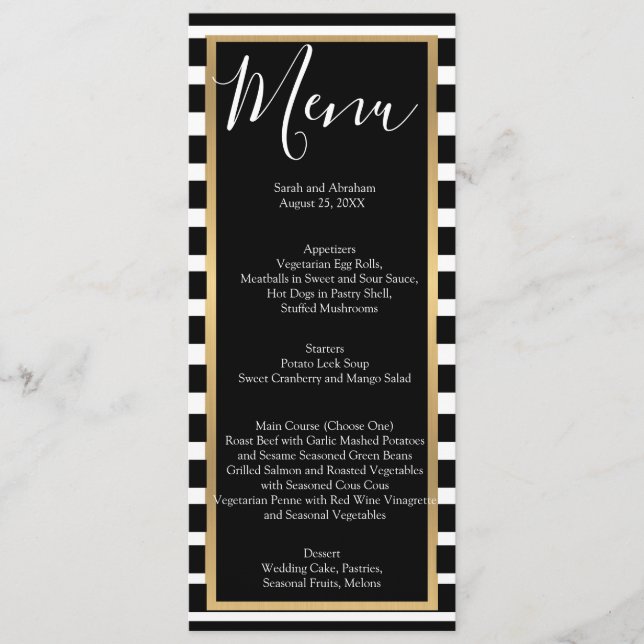 Black and White Striped Wedding Menu Menus (Front)