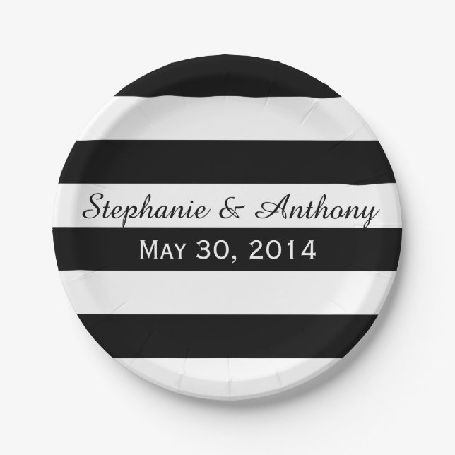 Black and White Striped Wedding Paper Plates (Front)
