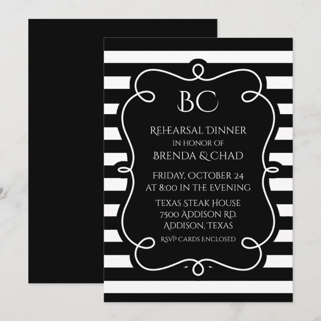 Black and White Striped Wedding Rehearsal Dinner Invitation (Front/Back)