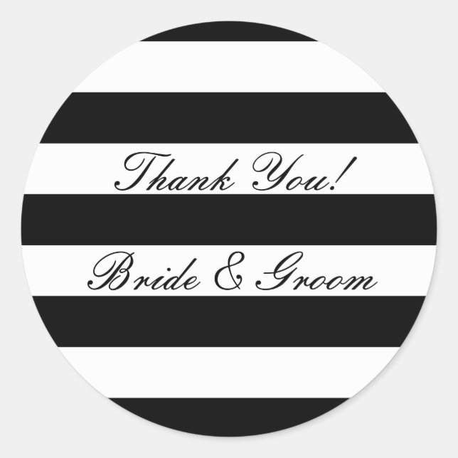 Black and white striped wedding thank you stickers (Front)