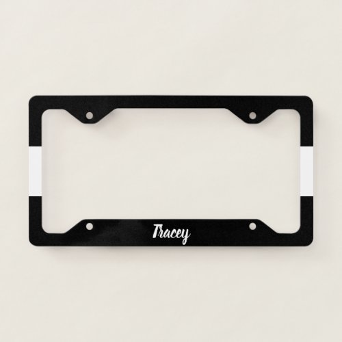 Black and White Striped White Script Text Template License Plate Frame