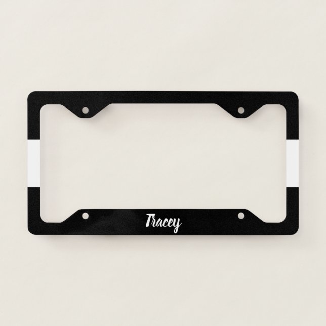 Black and White Striped White Script Text Template License Plate Frame (Front)