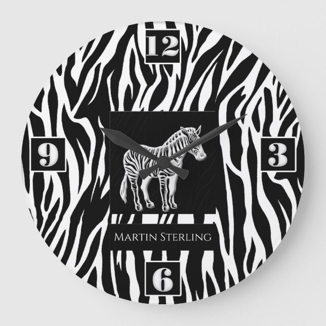 Black and White Striped Zebra Jungle Theme Large Clock (Front)