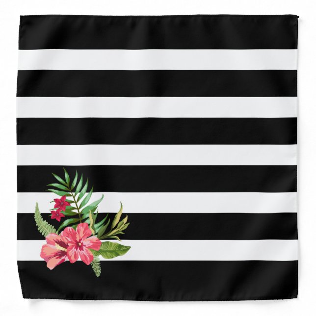 Black And White Stripes And Exotic Flowers Bandana (Front)