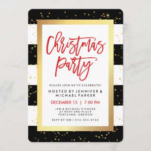 Black and White Stripes and Gold Christmas Party Invitation