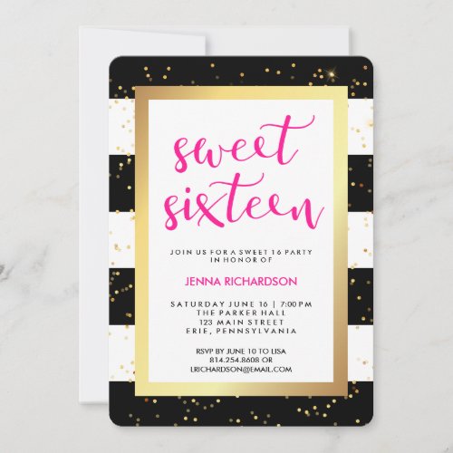 Black and White Stripes and Gold Sweet Sixteen Invitation