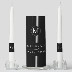 Black and white stripes and monogram wedding unity candle set