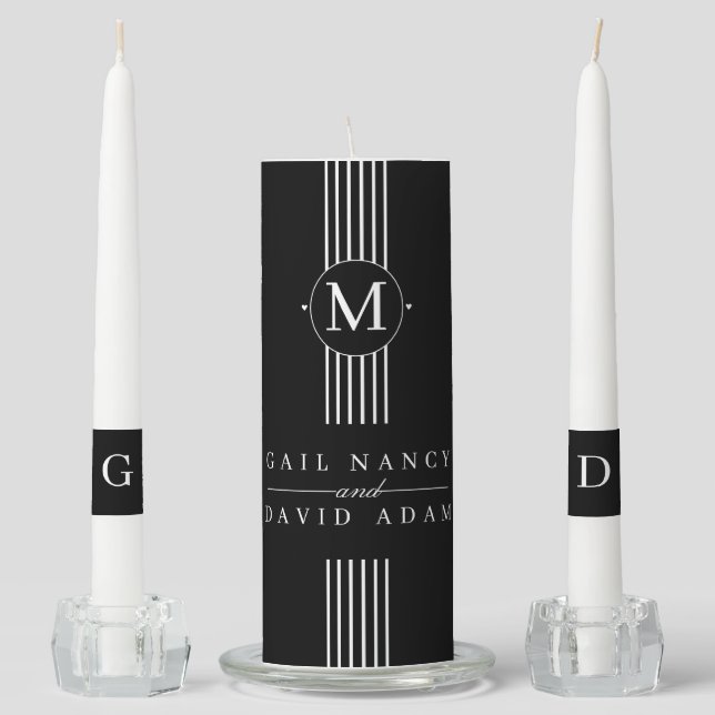 Black and white stripes and monogram wedding unity candle set (Front)