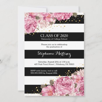 Black And White Stripes And Pink Floral Graduation Invitation by Jamene at Zazzle